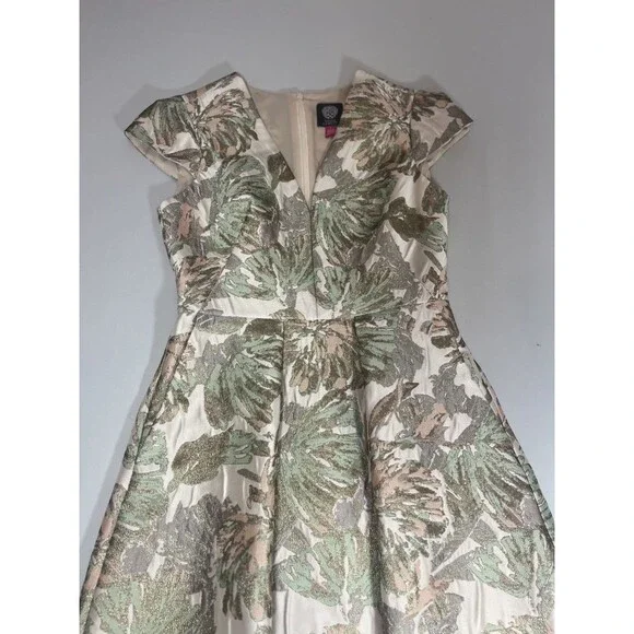 VINCE CAMUTO Women Blush Metallic Jacquard Pleated Cap Fit & Flare Dress 0 - Picture 16 of 16